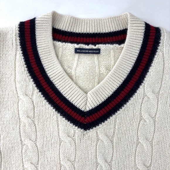 Brandy Melville Nikki Heavy Wool Cable Knit Stripe Oversized Vneck Sweater L/XL - Picture 3 of 9